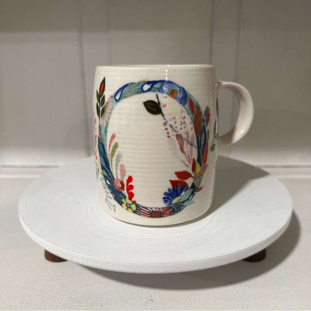 Anthropologie Starla Halfmann Initial O Monogram Ceramic Mug Floral Print